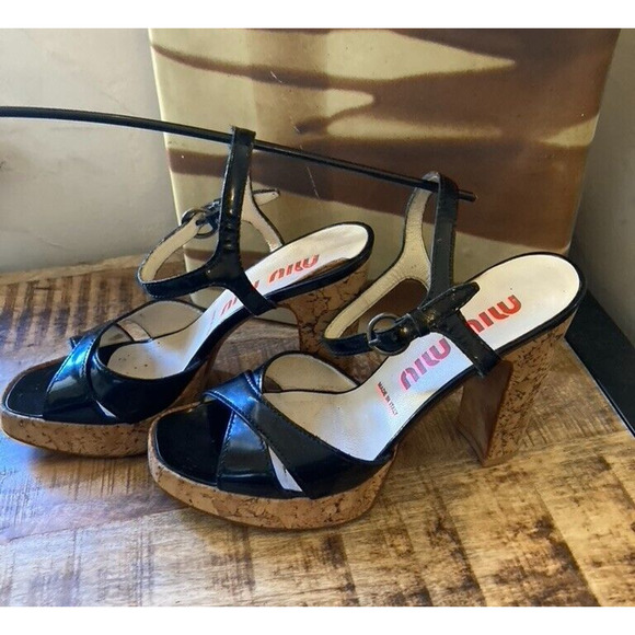 Miu Miu Black Patent Leather & Cork Heels, Vintage early 2000's VG! - Picture 14 of 16